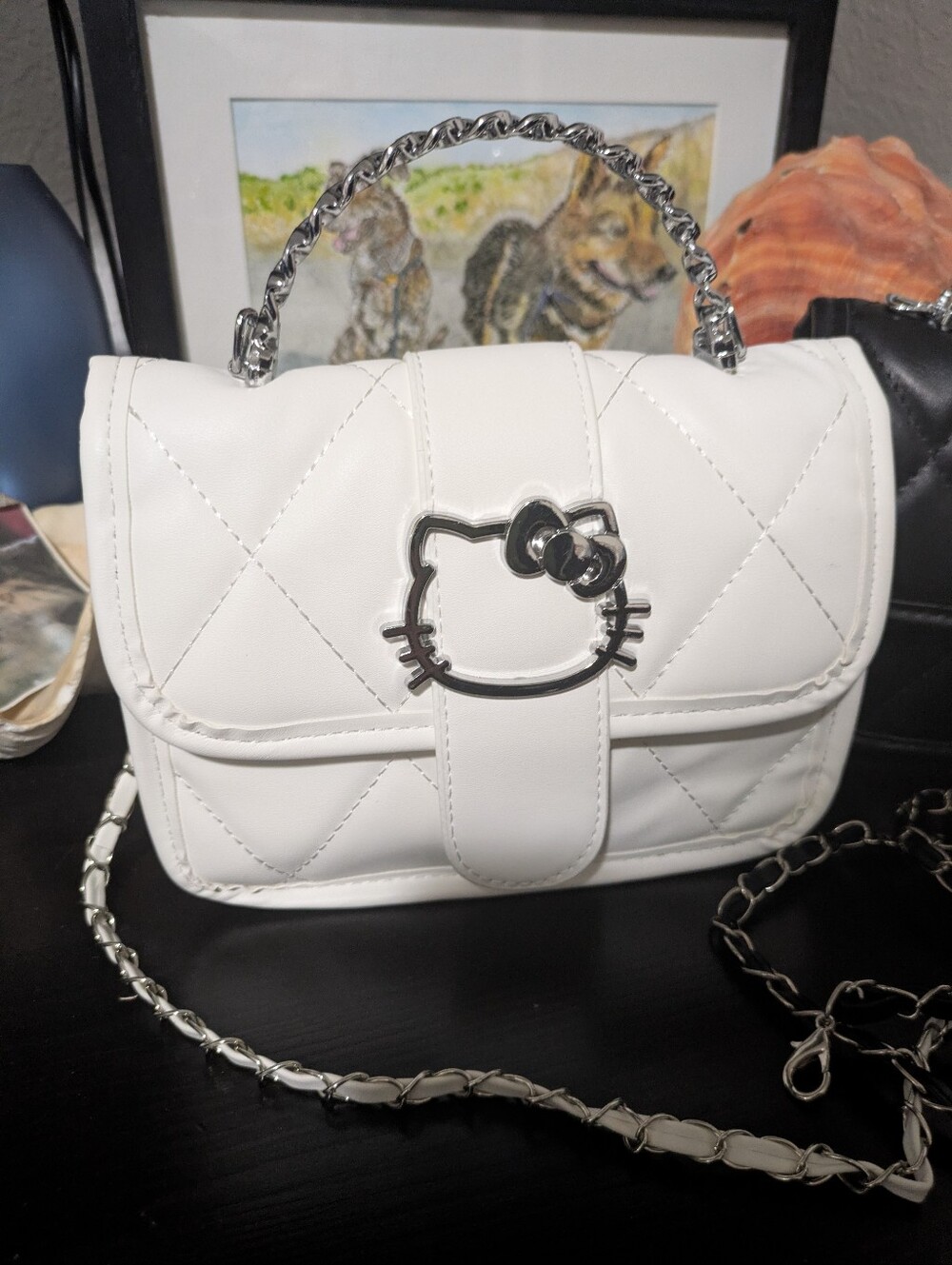 Hello Kitty White Quilted Mini Crossbody Bag with Chain Handle